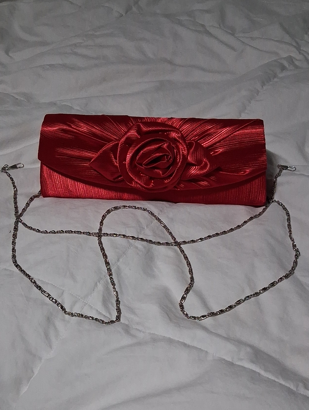 Red Satin Rose Accent Clutch Handbag